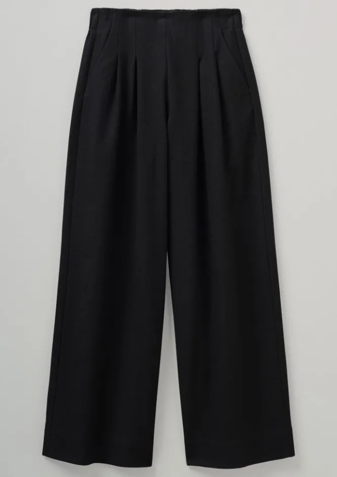 Trousers-TOAST Corinne Wool Cotton Herringbone Wide Leg Trousers Black
