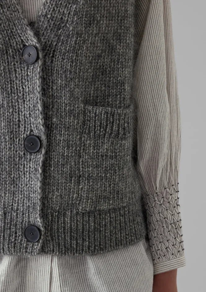 Knitwear-TOAST Cotton Alpaca Button Through Tank GreyMelange