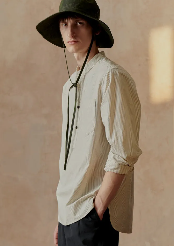 Shirts-TOAST Grandad Collar Stripe Pullover Shirt SunwashedBlue