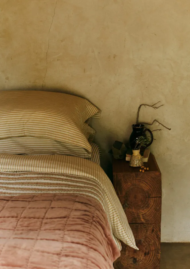 Textiles|Bed Linen-TOAST Organic Cotton Ticking Stripe Oxford Pillowcase Ecru/Straw